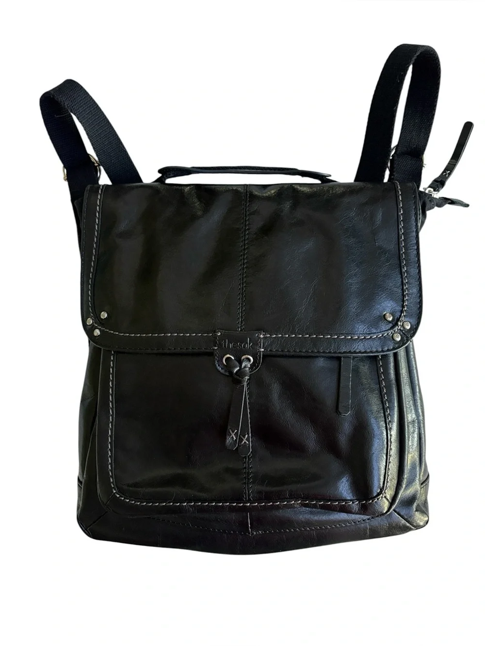 The Sak Blk Leather Convertible Backpack Messenger Boho Goth Gorpcore Aesthetic